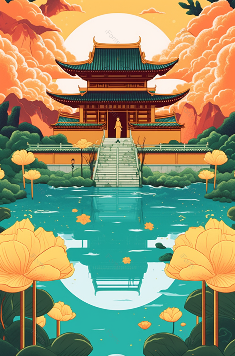 中国风古建筑山水荷塘风景插画背景,插画/手绘图,插画/手绘图库,插画/手绘图下载,插画/手绘